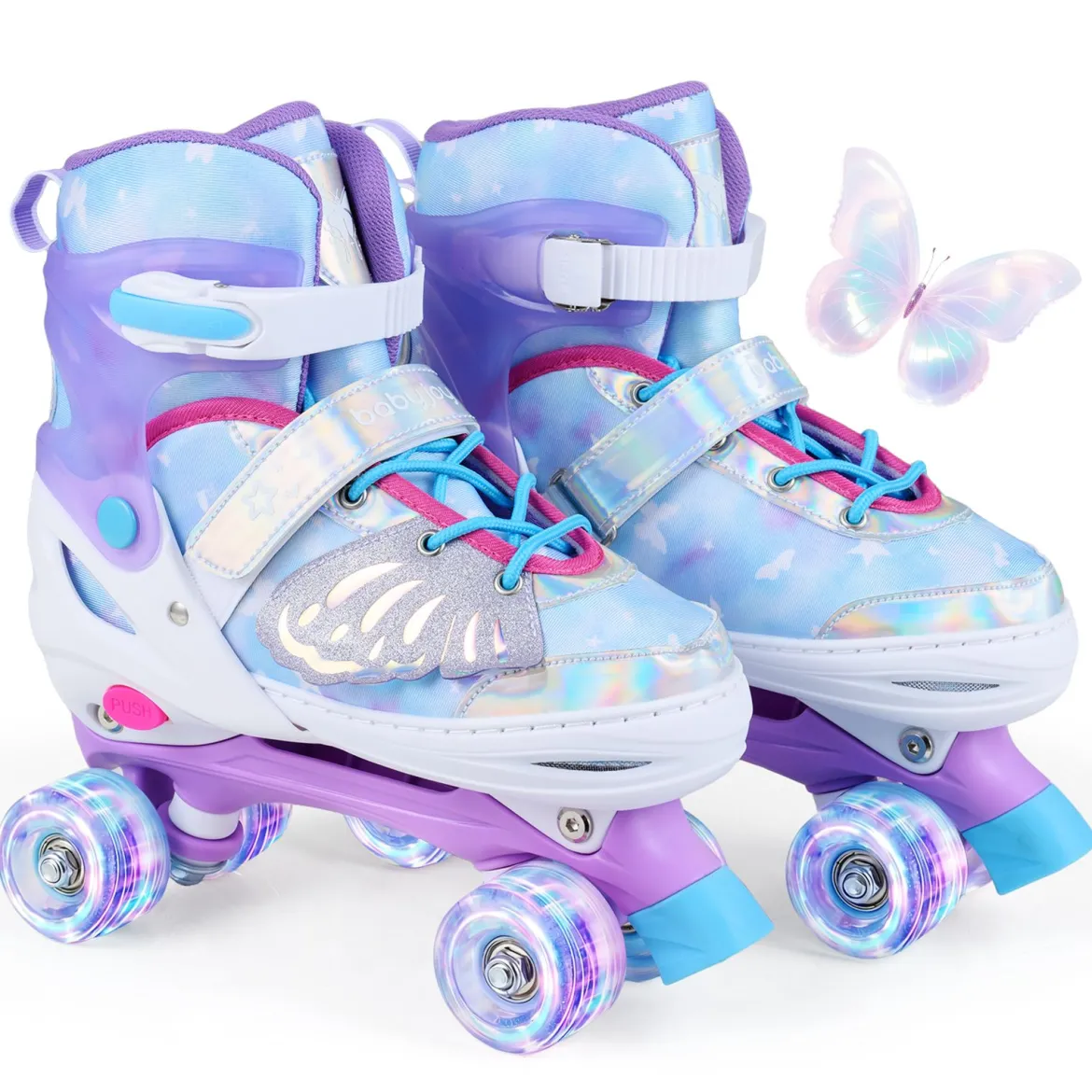 Rollschuhe verstellbar in 4 Größen EU 38-41 Quad Skates mit 4 Leuchtenden Rädern Blau/Rosa