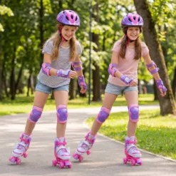 Rollschuhe verstellbar in 4 Größen EU 38-41 Quad Skates mit 4 Leuchtenden Rädern Blau/Rosa
