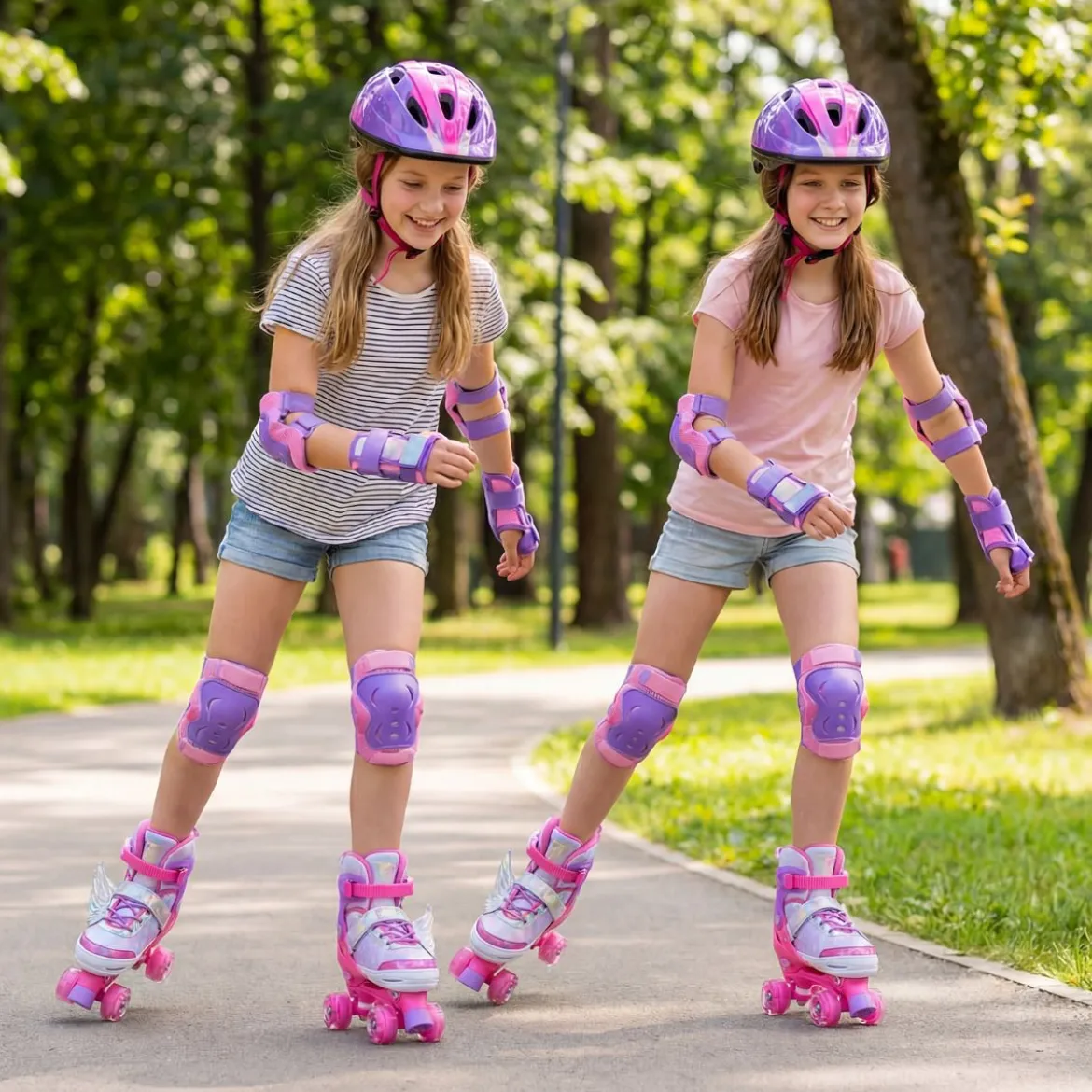 Rollschuhe verstellbar in 4 Größen EU 38-41 Quad Skates mit 4 Leuchtenden Rädern Blau/Rosa
