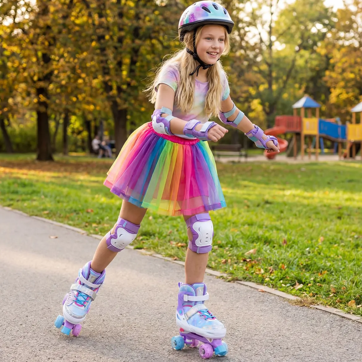 Rollschuhe verstellbar in 4 Größen EU 38-41 Quad Skates mit 4 Leuchtenden Rädern Blau/Rosa