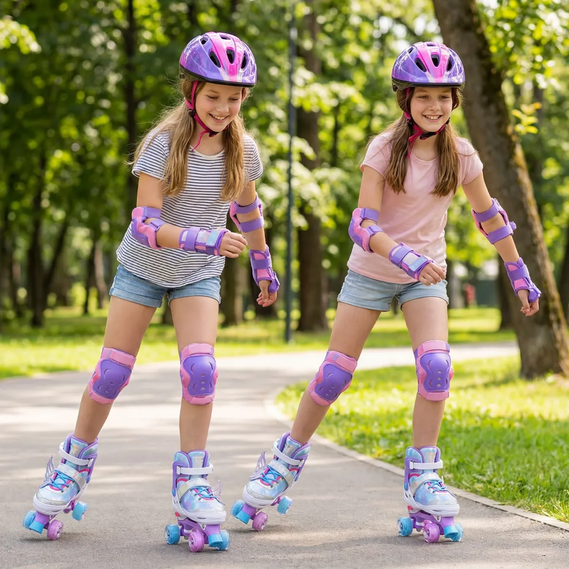 Rollschuhe verstellbar in 4 Größen EU 38-41 Quad Skates mit 4 Leuchtenden Rädern Blau/Rosa