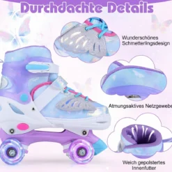 Rollschuhe verstellbar in 4 Größen EU 38-41 Quad Skates mit 4 Leuchtenden Rädern Blau/Rosa