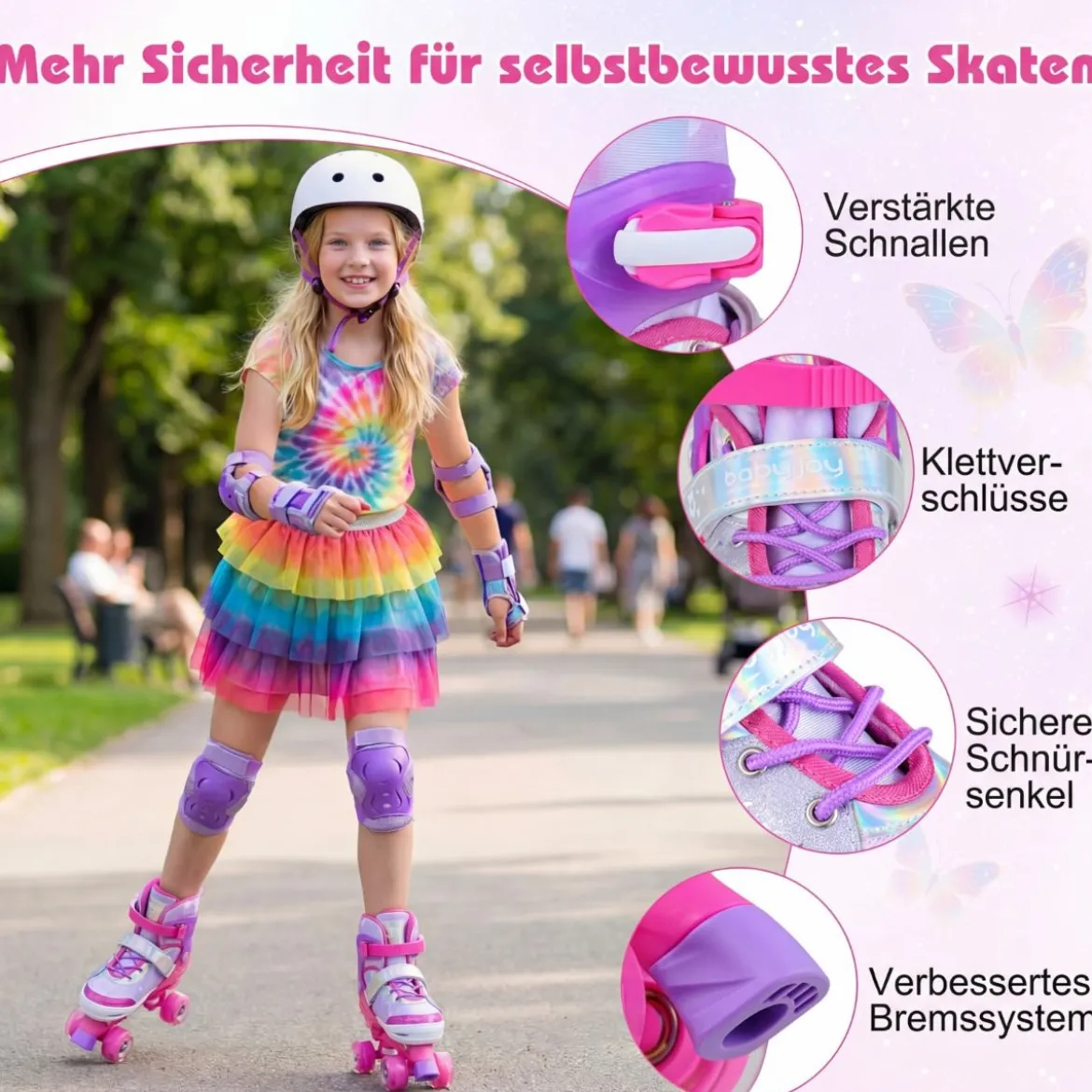 Rollschuhe verstellbar in 4 Größen EU 38-41 Quad Skates mit 4 Leuchtenden Rädern Blau/Rosa