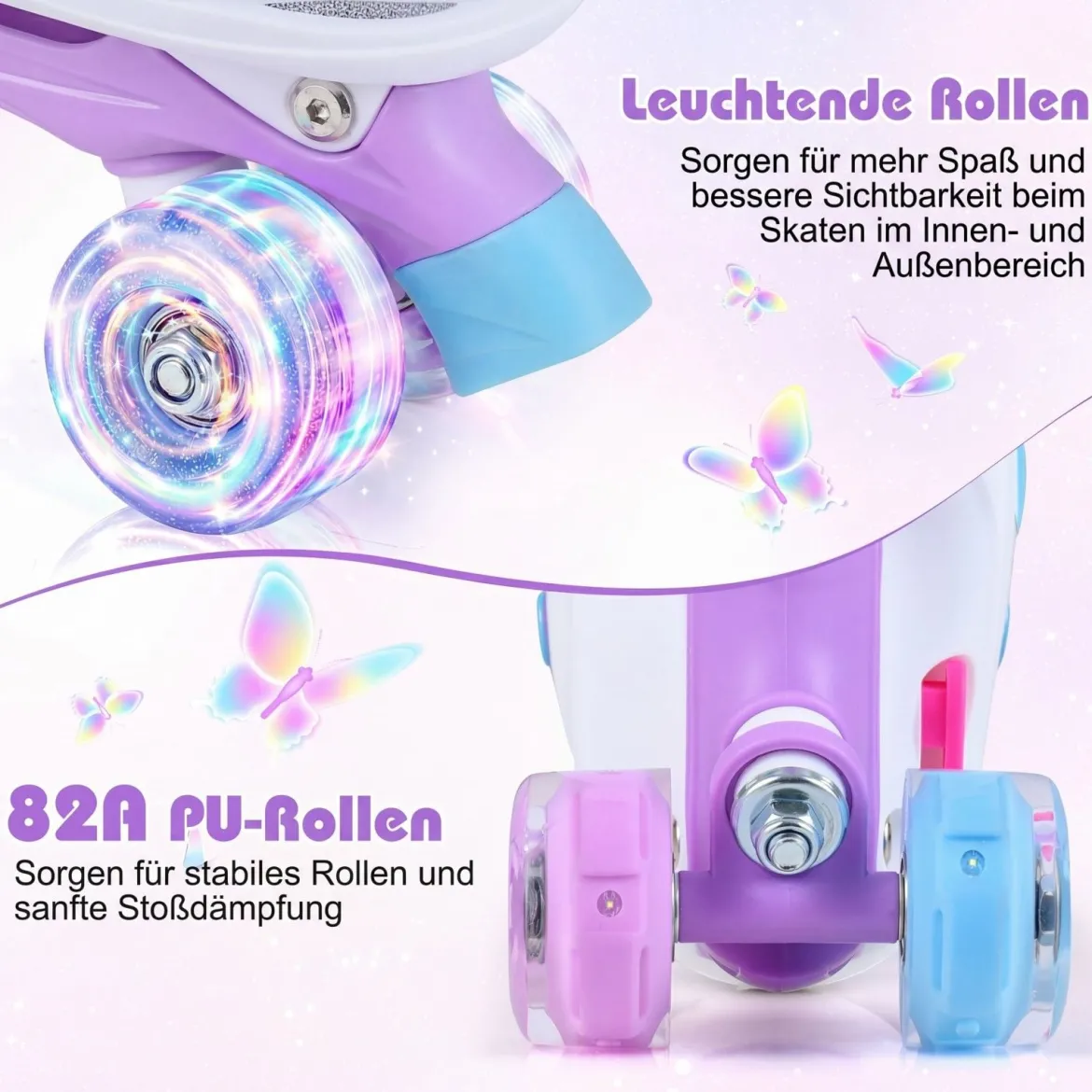 Rollschuhe verstellbar in 4 Größen EU 38-41 Quad Skates mit 4 Leuchtenden Rädern Blau/Rosa
