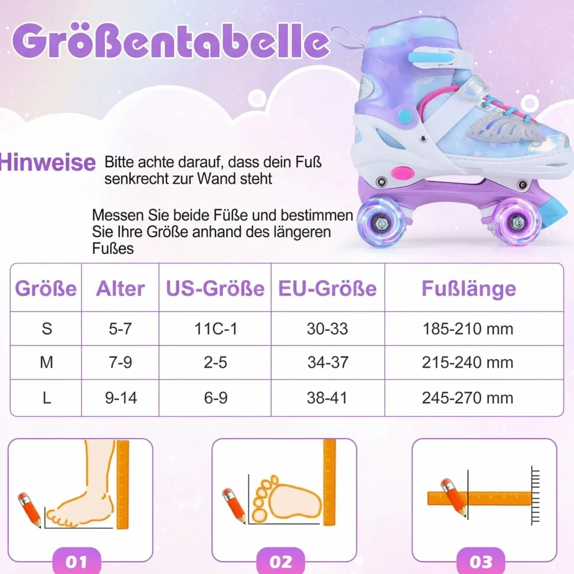 Rollschuhe verstellbar in 4 Größen EU 38-41 Quad Skates mit 4 Leuchtenden Rädern Blau/Rosa