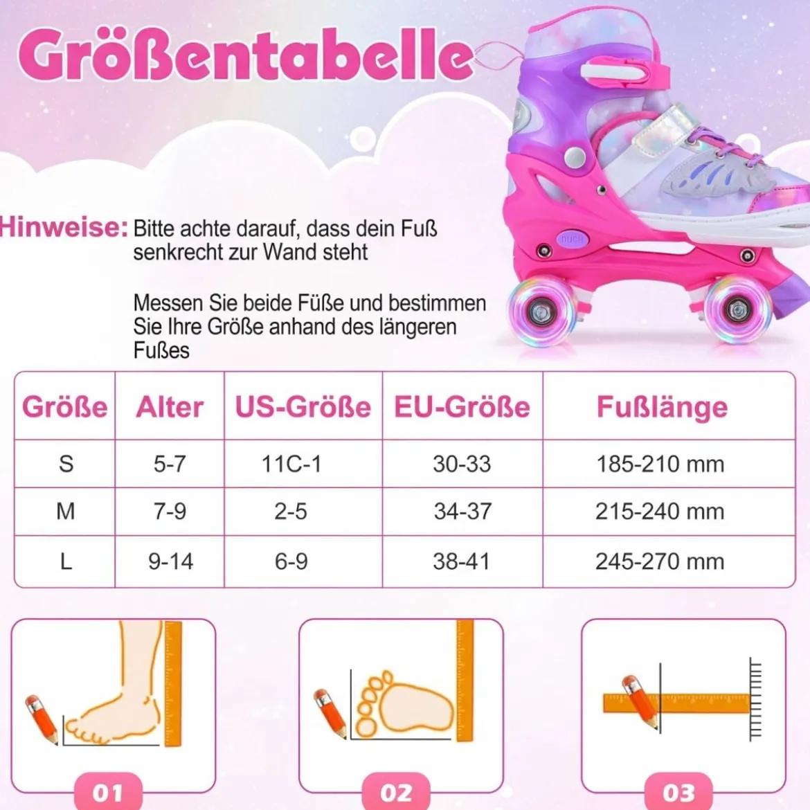 Rollschuhe verstellbar in 4 Größen EU 38-41 Quad Skates mit 4 Leuchtenden Rädern Blau/Rosa