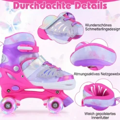 Rollschuhe verstellbar in 4 Größen EU 38-41 Quad Skates mit 4 Leuchtenden Rädern Blau/Rosa