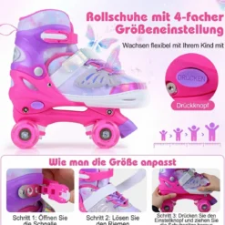 Rollschuhe verstellbar in 4 Größen EU 38-41 Quad Skates mit 4 Leuchtenden Rädern Blau/Rosa