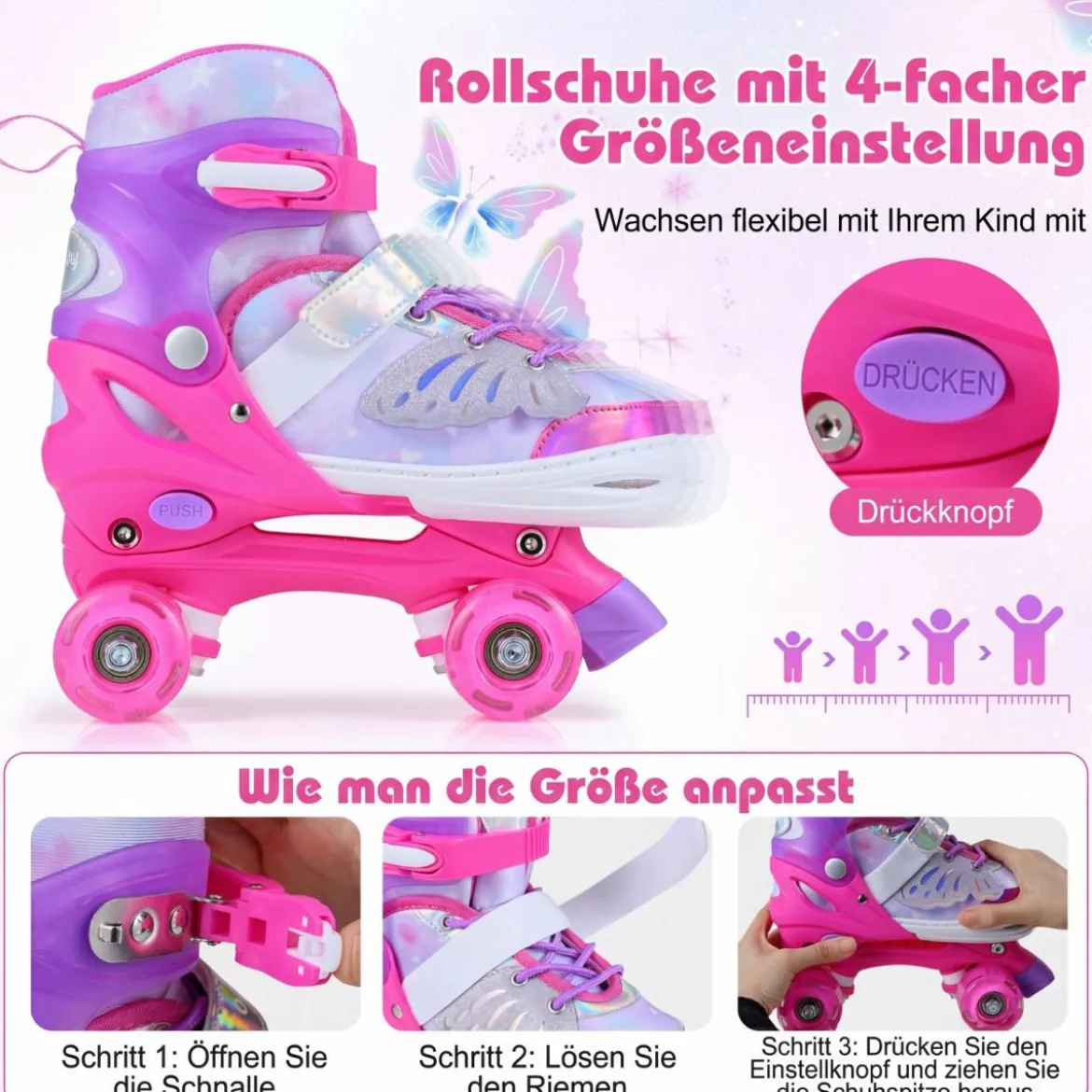Rollschuhe verstellbar in 4 Größen EU 38-41 Quad Skates mit 4 Leuchtenden Rädern Blau/Rosa