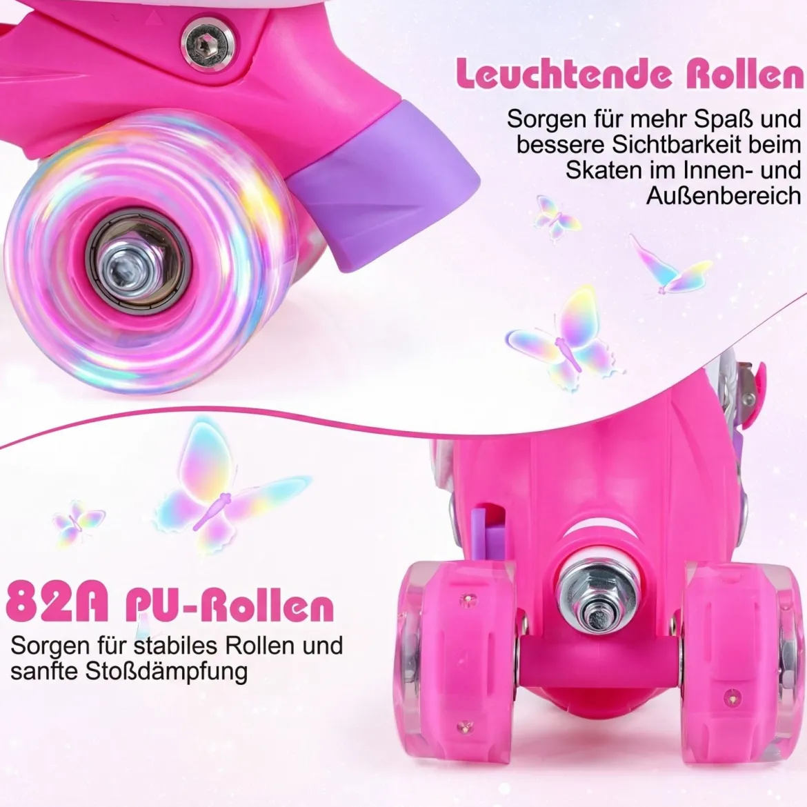 Rollschuhe Verstellbar in 4 Größen EU 30-33 Quad Skates mit 4 Leuchtenden Rädern Blau/Rosa
