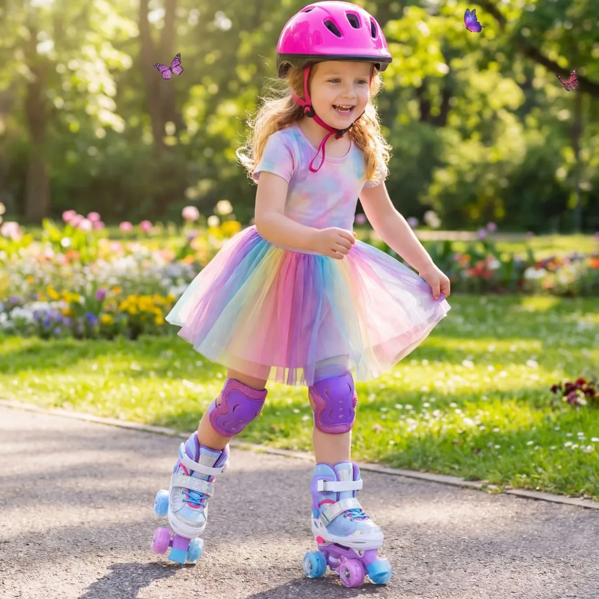 Rollschuhe Verstellbar in 4 Größen EU 30-33 Quad Skates mit 4 Leuchtenden Rädern Blau/Rosa