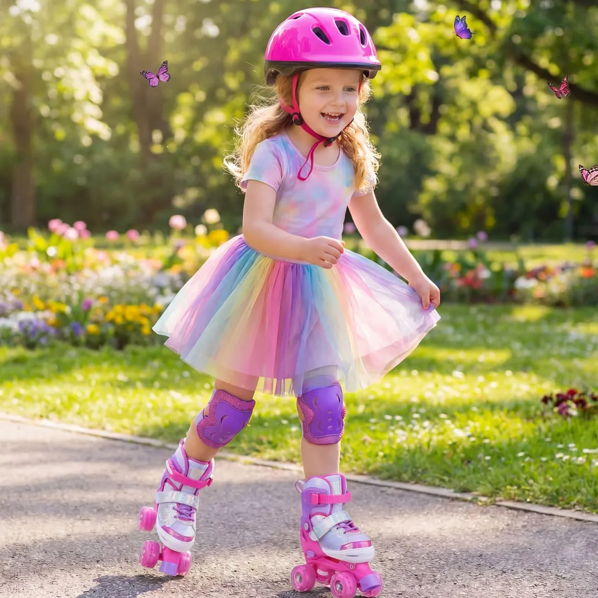Rollschuhe Verstellbar in 4 Größen EU 30-33 Quad Skates mit 4 Leuchtenden Rädern Blau/Rosa