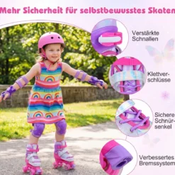 Rollschuhe Verstellbar in 4 Größen EU 30-33 Quad Skates mit 4 Leuchtenden Rädern Blau/Rosa