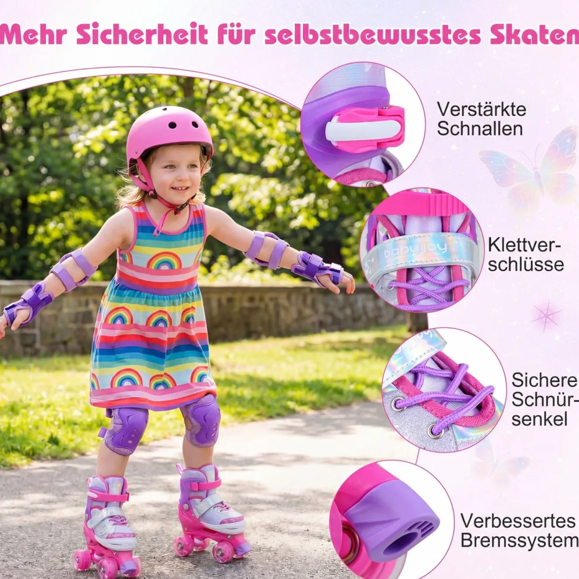 Rollschuhe Verstellbar in 4 Größen EU 30-33 Quad Skates mit 4 Leuchtenden Rädern Blau/Rosa