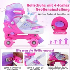 Rollschuhe Verstellbar in 4 Größen EU 30-33 Quad Skates mit 4 Leuchtenden Rädern Blau/Rosa