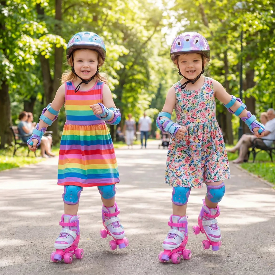 Rollschuhe Verstellbar in 4 Größen EU 30-33 Quad Skates mit 4 Leuchtenden Rädern Blau/Rosa