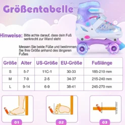 Rollschuhe Verstellbar in 4 Größen EU 30-33 Quad Skates mit 4 Leuchtenden Rädern Blau/Rosa
