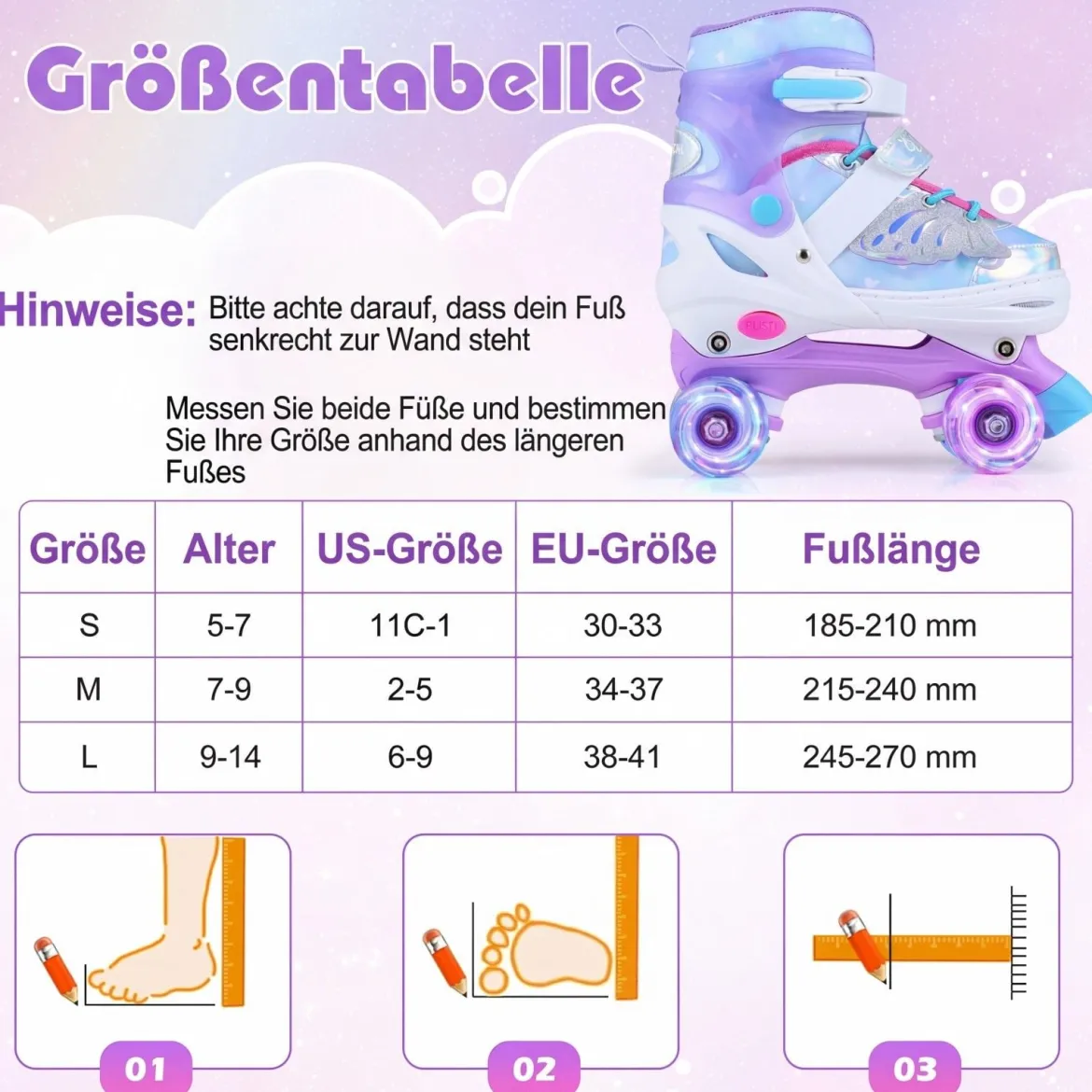 Rollschuhe Verstellbar in 4 Größen EU 30-33 Quad Skates mit 4 Leuchtenden Rädern Blau/Rosa