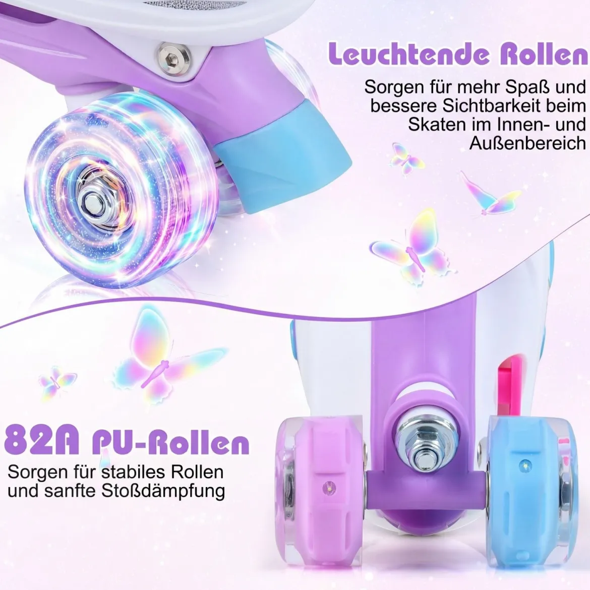 Rollschuhe Verstellbar in 4 Größen EU 30-33 Quad Skates mit 4 Leuchtenden Rädern Blau/Rosa