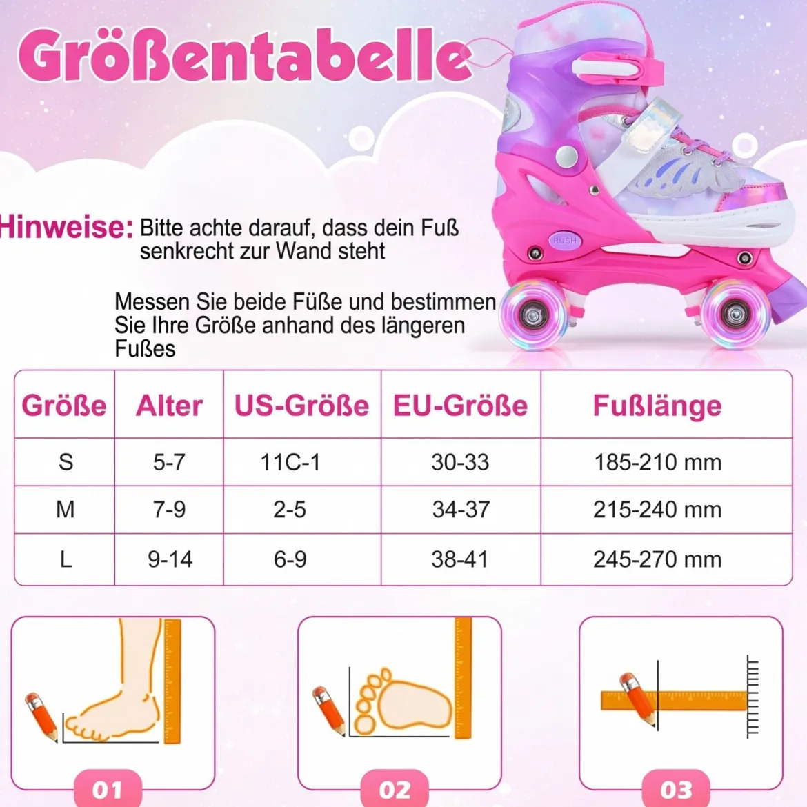 Rollschuhe Verstellbar in 4 Größen EU 30-33 Quad Skates mit 4 Leuchtenden Rädern Blau/Rosa