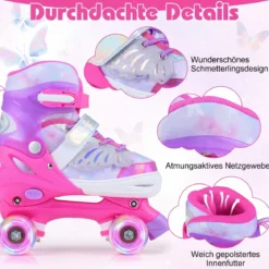 Rollschuhe Verstellbar in 4 Größen EU 30-33 Quad Skates mit 4 Leuchtenden Rädern Blau/Rosa