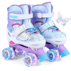 Rollschuhe Verstellbar in 4 Größen EU 30-33 Quad Skates mit 4 Leuchtenden Rädern Blau/Rosa