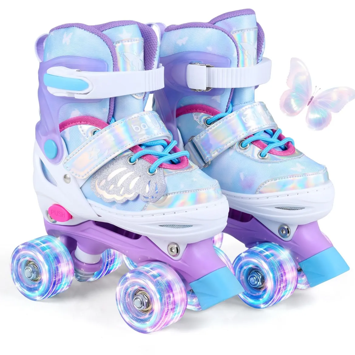 Rollschuhe Verstellbar in 4 Größen EU 30-33 Quad Skates mit 4 Leuchtenden Rädern Blau/Rosa
