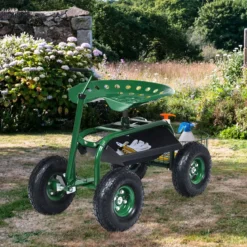 Rollsitz mit Rollen & Ausziehbarem Griff & Korb 360° Drehbare Gartenwagen Gartensitz Gartenrollsitz