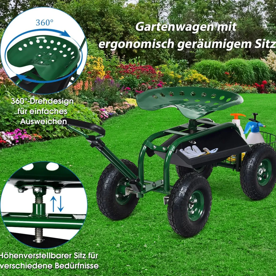 Rollsitz mit Rollen & Ausziehbarem Griff & Korb 360° Drehbare Gartenwagen Gartensitz Gartenrollsitz