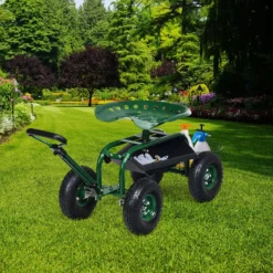Rollsitz mit Rollen & Ausziehbarem Griff & Korb 360° Drehbare Gartenwagen Gartensitz Gartenrollsitz