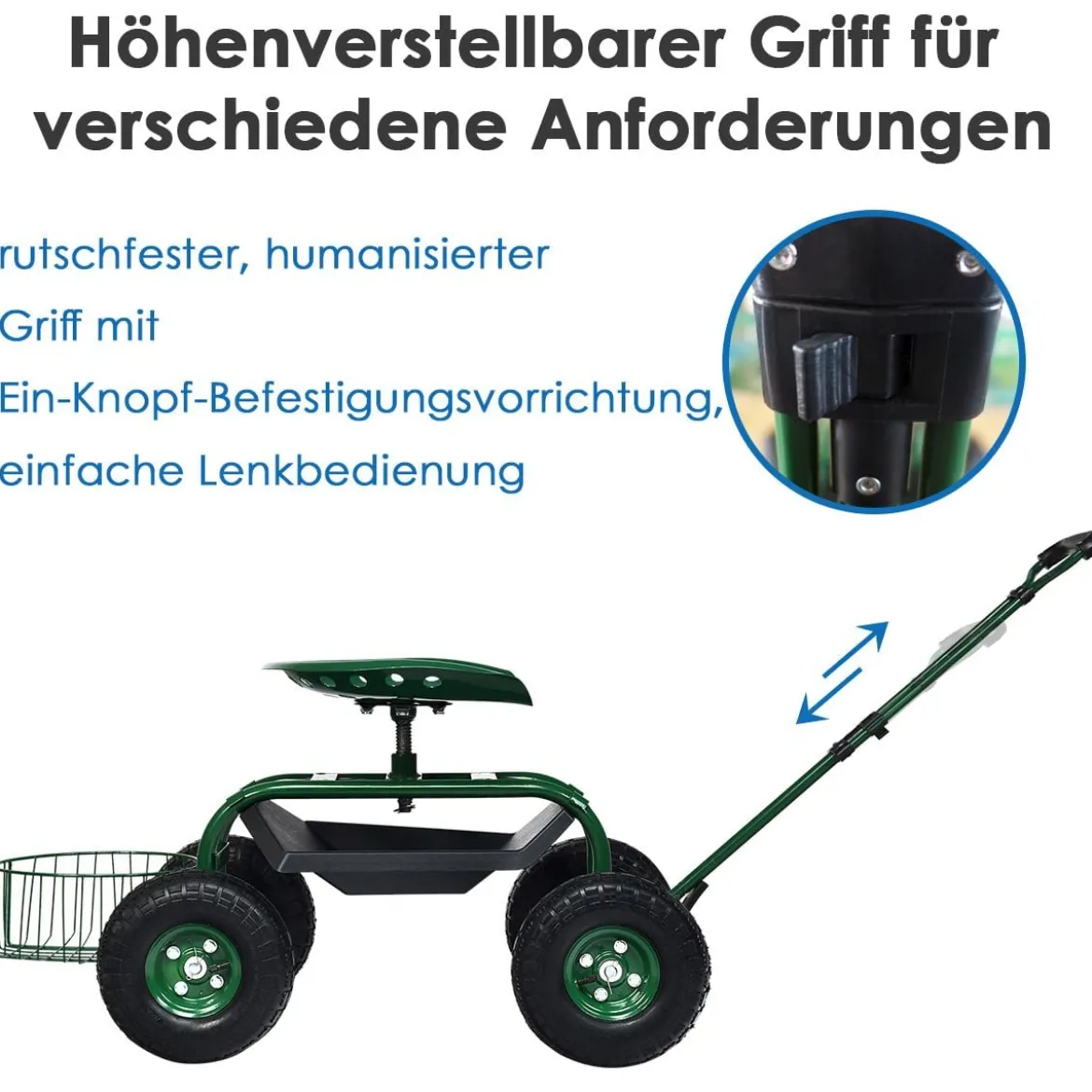 Rollsitz mit Rollen & Ausziehbarem Griff & Korb 360° Drehbare Gartenwagen Gartensitz Gartenrollsitz