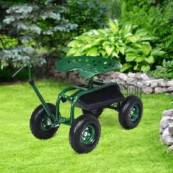 Rollsitz mit Rollen & Ausziehbarem Griff & Korb 360° Drehbare Gartenwagen Gartensitz Gartenrollsitz