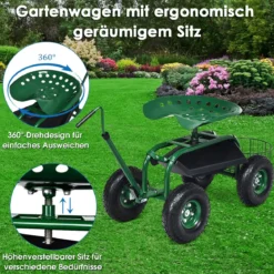 Rollsitz mit Rollen & Ausziehbarem Griff & Korb 360° Drehbare Gartenwagen Gartensitz Gartenrollsitz