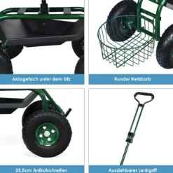 Rollsitz mit Rollen & Ausziehbarem Griff & Korb 360° Drehbare Gartenwagen Gartensitz Gartenrollsitz