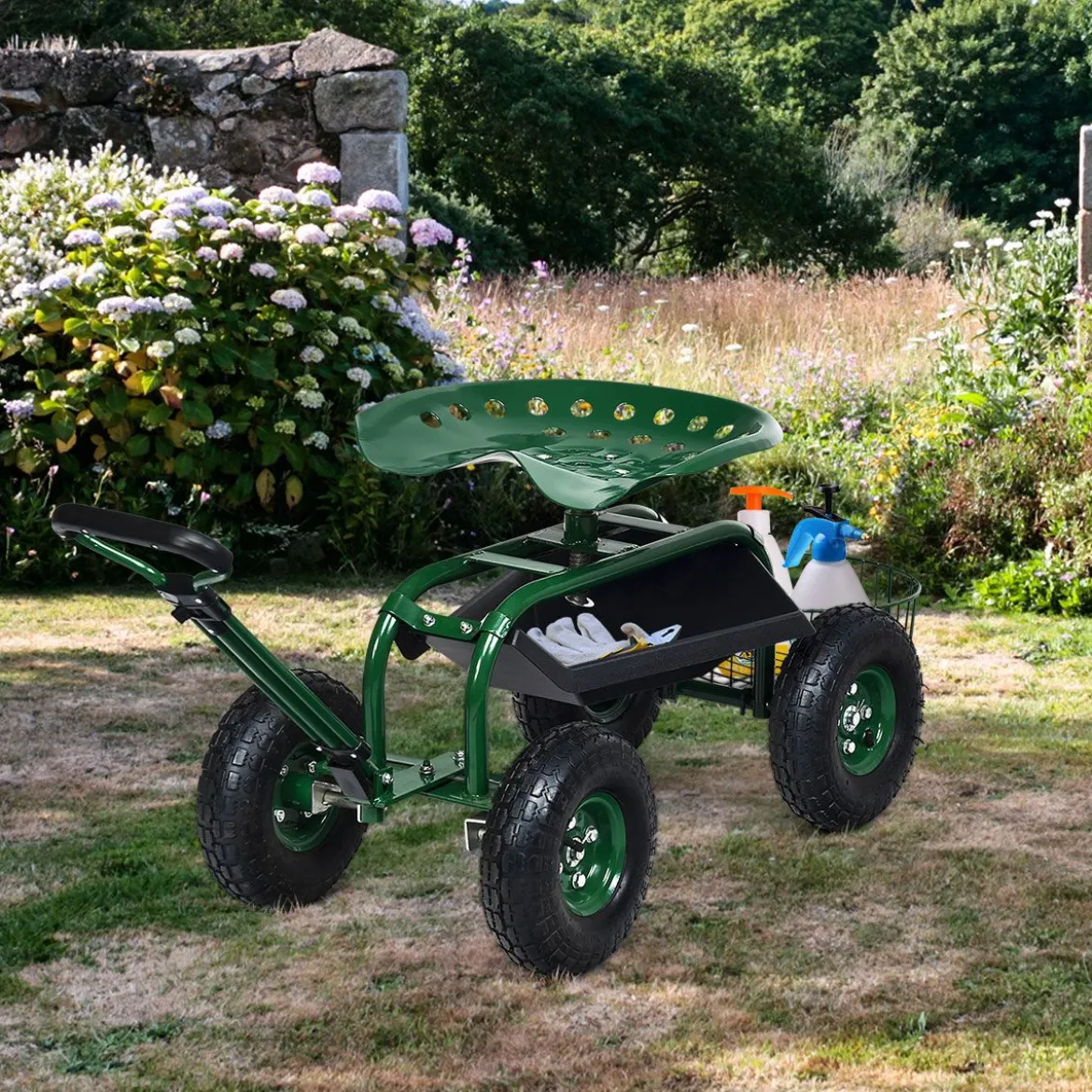 Rollsitz mit Rollen & Ausziehbarem Griff & Korb 360° Drehbare Gartenwagen Gartensitz Gartenrollsitz