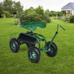 Rollsitz mit Rollen & Ausziehbarem Griff & Korb 360° Drehbare Gartenwagen Gartensitz Gartenrollsitz