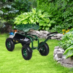 Rollsitz mit Rollen & Ausziehbarem Griff & Korb 360° Drehbare Gartenwagen Gartensitz Gartenrollsitz