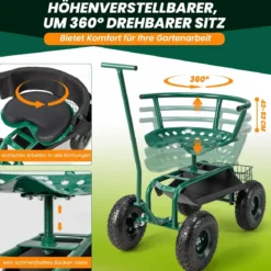 Rollsitz mit Rollen 360 ° drehbar höhenverstellbar mobiler Gartensitz 90 x 59 x 106 cm Grün