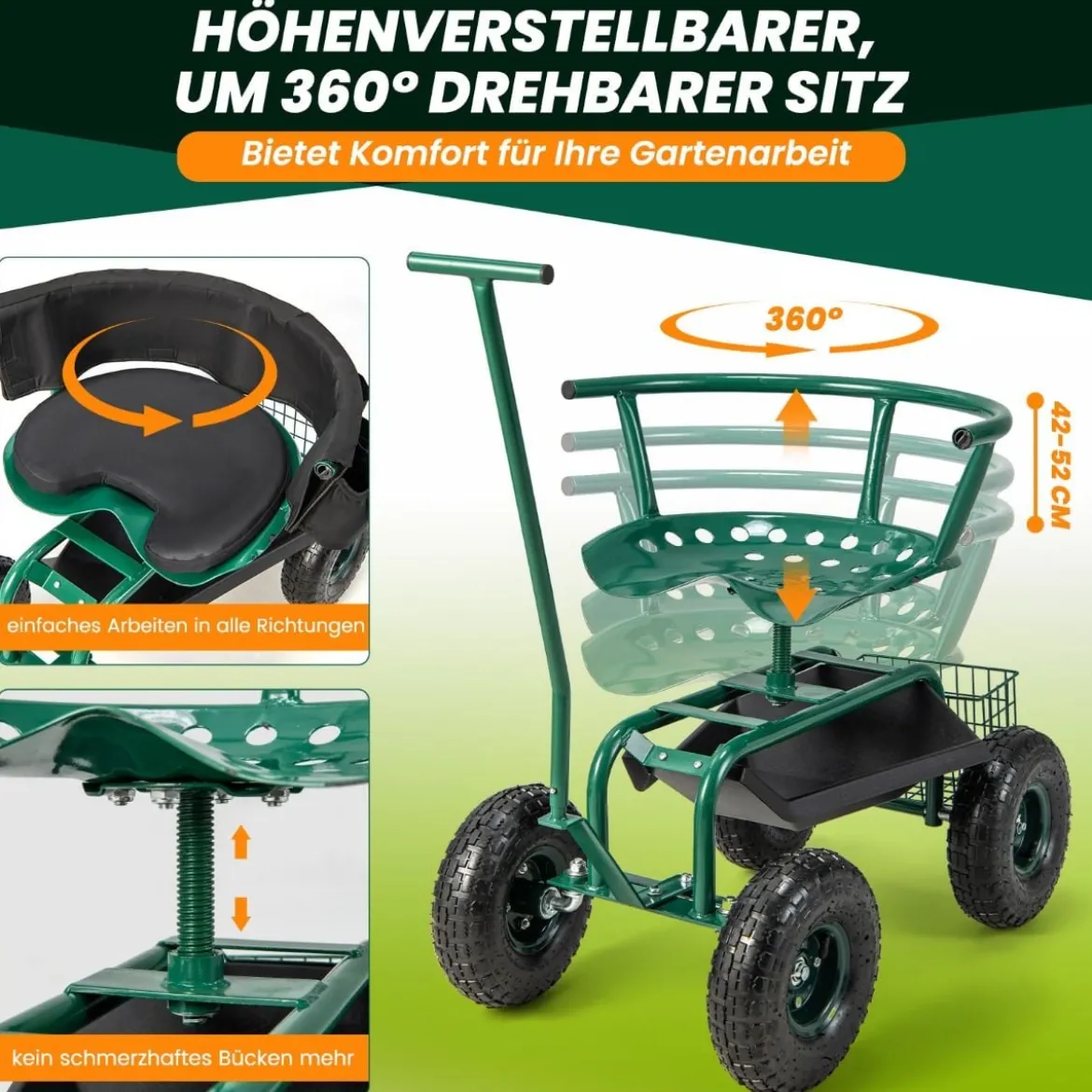 Rollsitz mit Rollen 360 ° drehbar höhenverstellbar mobiler Gartensitz 90 x 59 x 106 cm Grün