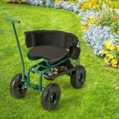 Rollsitz mit Rollen 360 ° drehbar höhenverstellbar mobiler Gartensitz 90 x 59 x 106 cm Grün