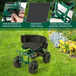Rollsitz mit Rollen 360 ° drehbar höhenverstellbar mobiler Gartensitz 90 x 59 x 106 cm Grün
