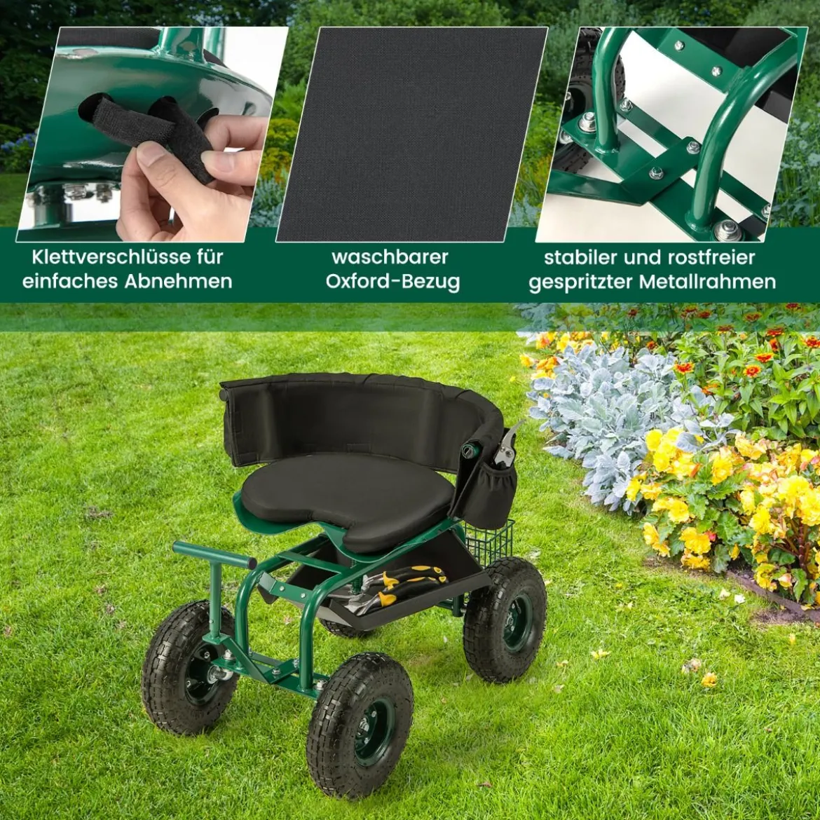 Rollsitz mit Rollen 360 ° drehbar höhenverstellbar mobiler Gartensitz 90 x 59 x 106 cm Grün