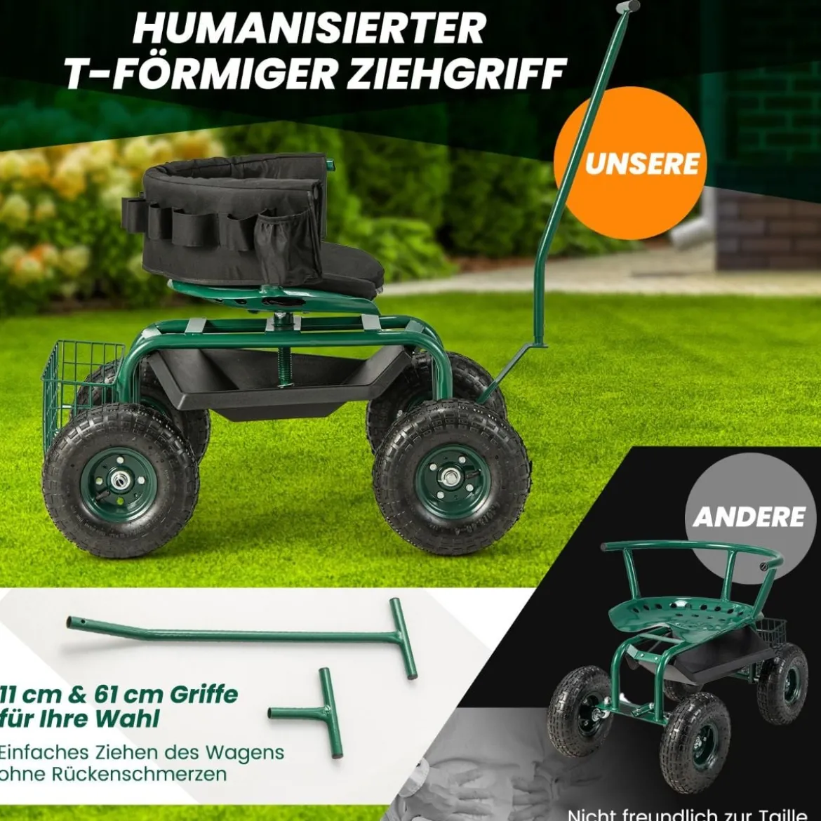 Rollsitz mit Rollen 360 ° drehbar höhenverstellbar mobiler Gartensitz 90 x 59 x 106 cm Grün