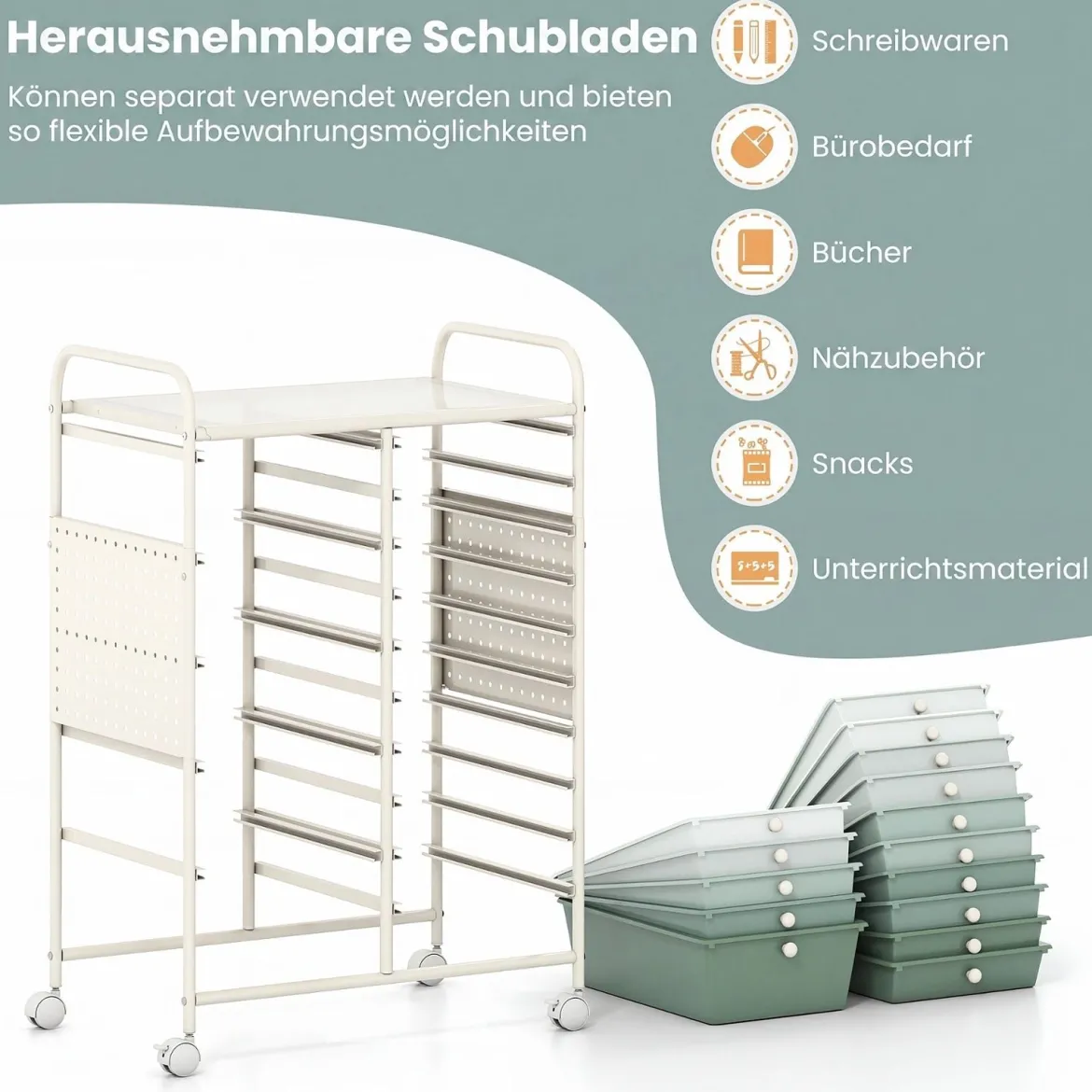 Rollwagen auf Rollen Servierwagen mit 15 Schubladen Tablett Lochplatte 63 x 37 x 87 cm