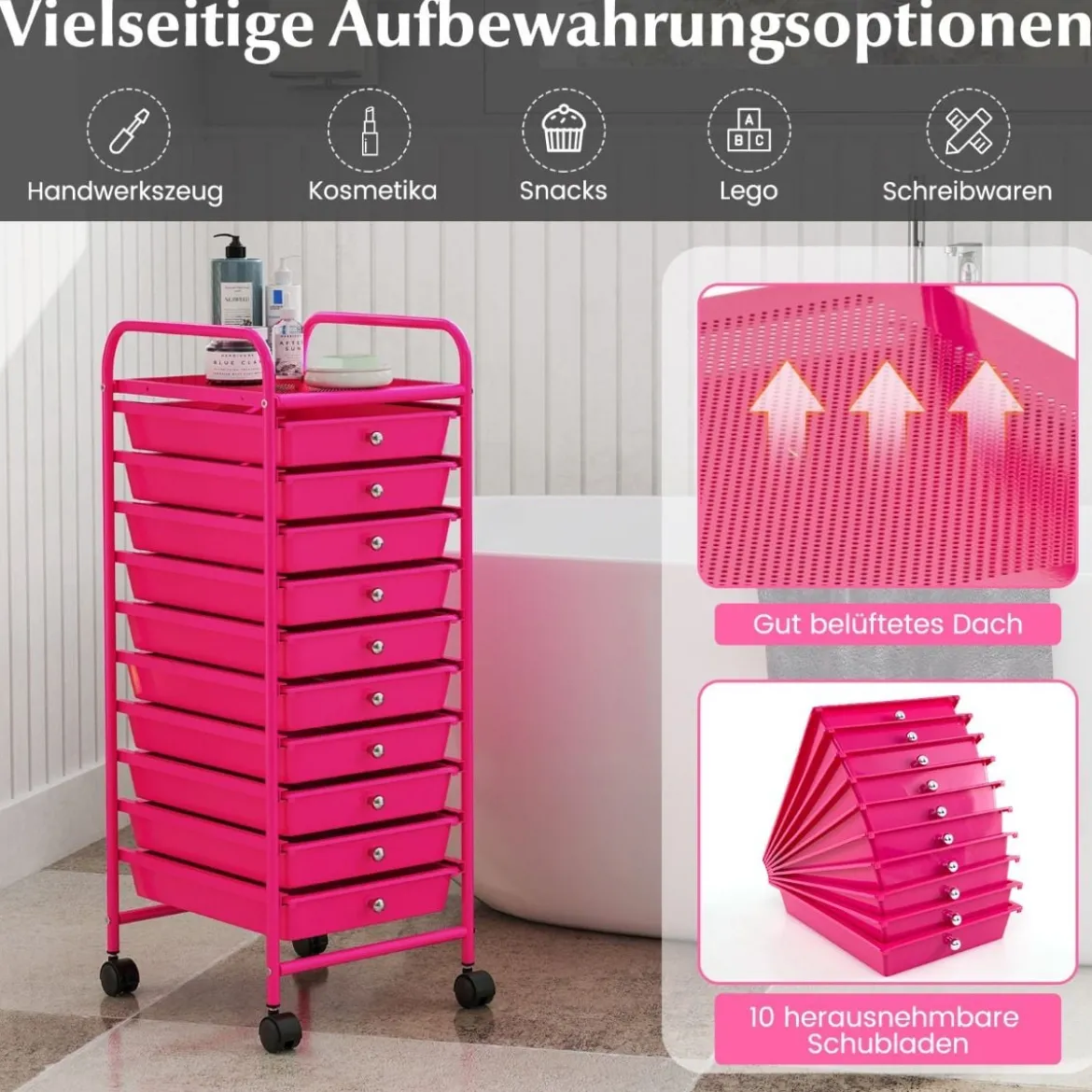 Rollwagen Bad Rollcontainer Beistellwagen mit 10 Schubladen Transparent/Bunt/Schwarz/Gelb 33 x 37 x 86 cm