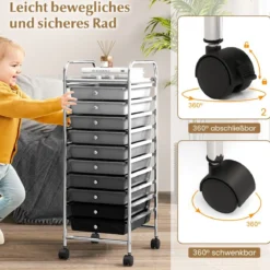 Rollwagen Bad Rollcontainer Beistellwagen mit 10 Schubladen Transparent/Bunt/Schwarz/Gelb 33 x 37 x 86 cm