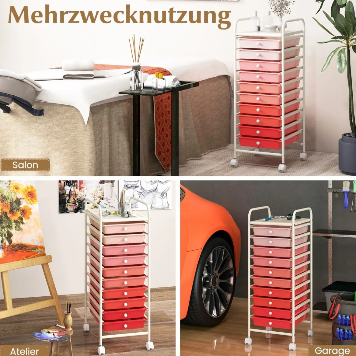 Rollwagen Bad Rollcontainer Beistellwagen mit 10 Schubladen Transparent/Bunt/Schwarz/Gelb 33 x 37 x 86 cm