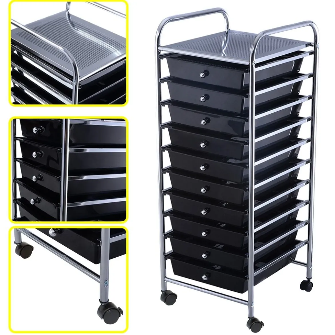 Rollwagen Bad Rollcontainer Beistellwagen mit 10 Schubladen Transparent/Bunt/Schwarz/Gelb 33 x 37 x 86 cm