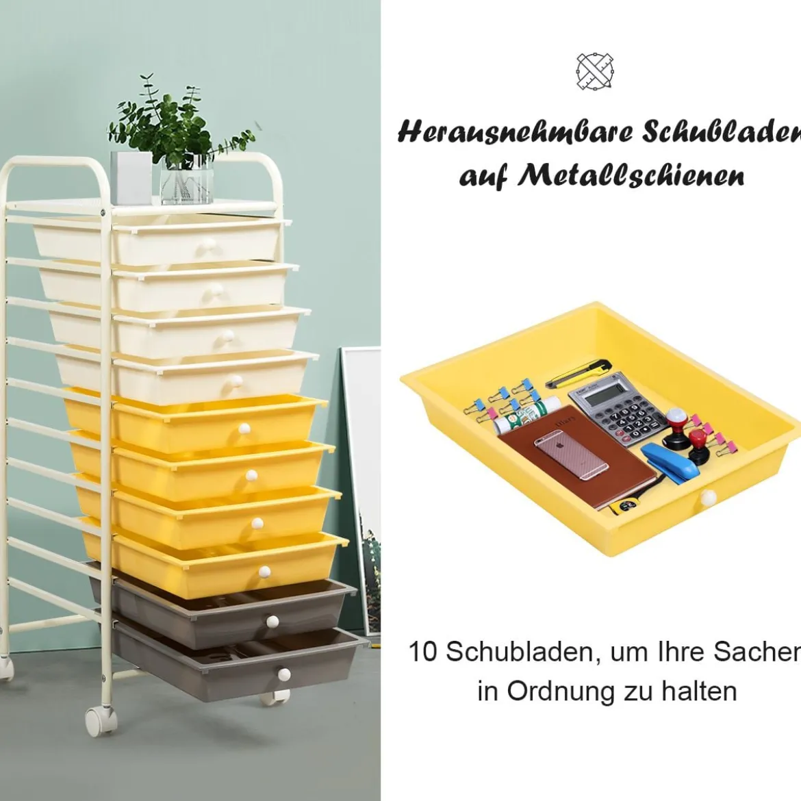Rollwagen Bad Rollcontainer Beistellwagen mit 10 Schubladen Transparent/Bunt/Schwarz/Gelb 33 x 37 x 86 cm