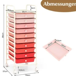 Rollwagen Bad Rollcontainer Beistellwagen mit 10 Schubladen Transparent/Bunt/Schwarz/Gelb 33 x 37 x 86 cm
